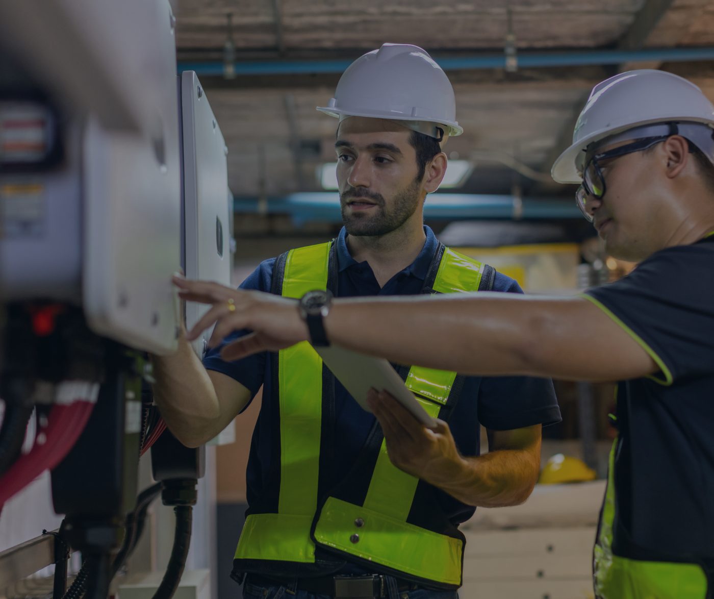 BMS engineers working together on a controls panel
